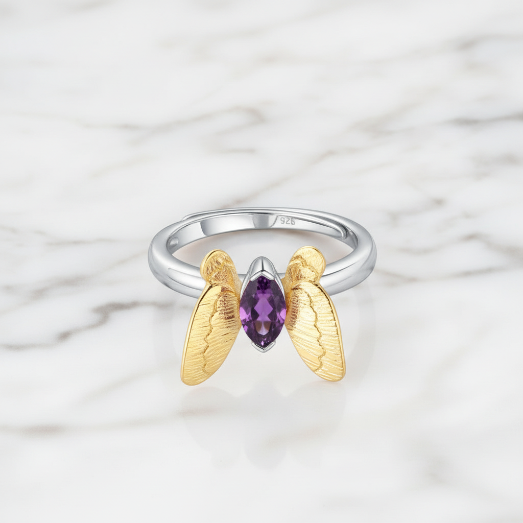 Purple Amethyst Gemstone Butterfly Adjustable Ring-Black Diamonds New York