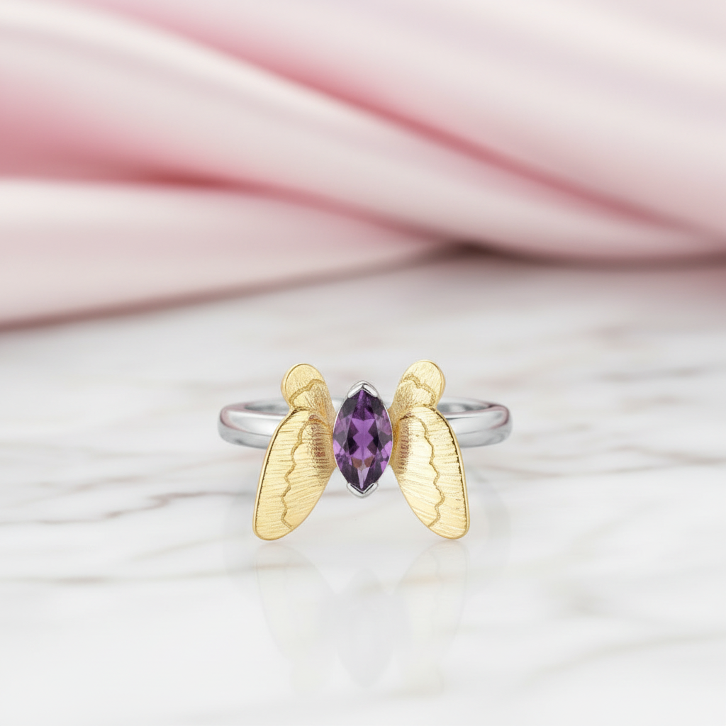Purple Amethyst Gemstone Butterfly Adjustable Ring-Black Diamonds New York