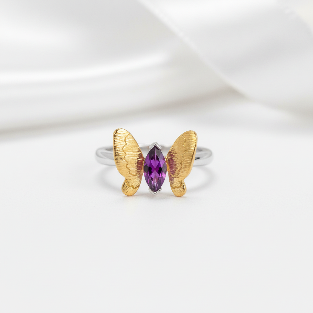 Purple Amethyst Gemstone Butterfly Adjustable Ring-Black Diamonds New York