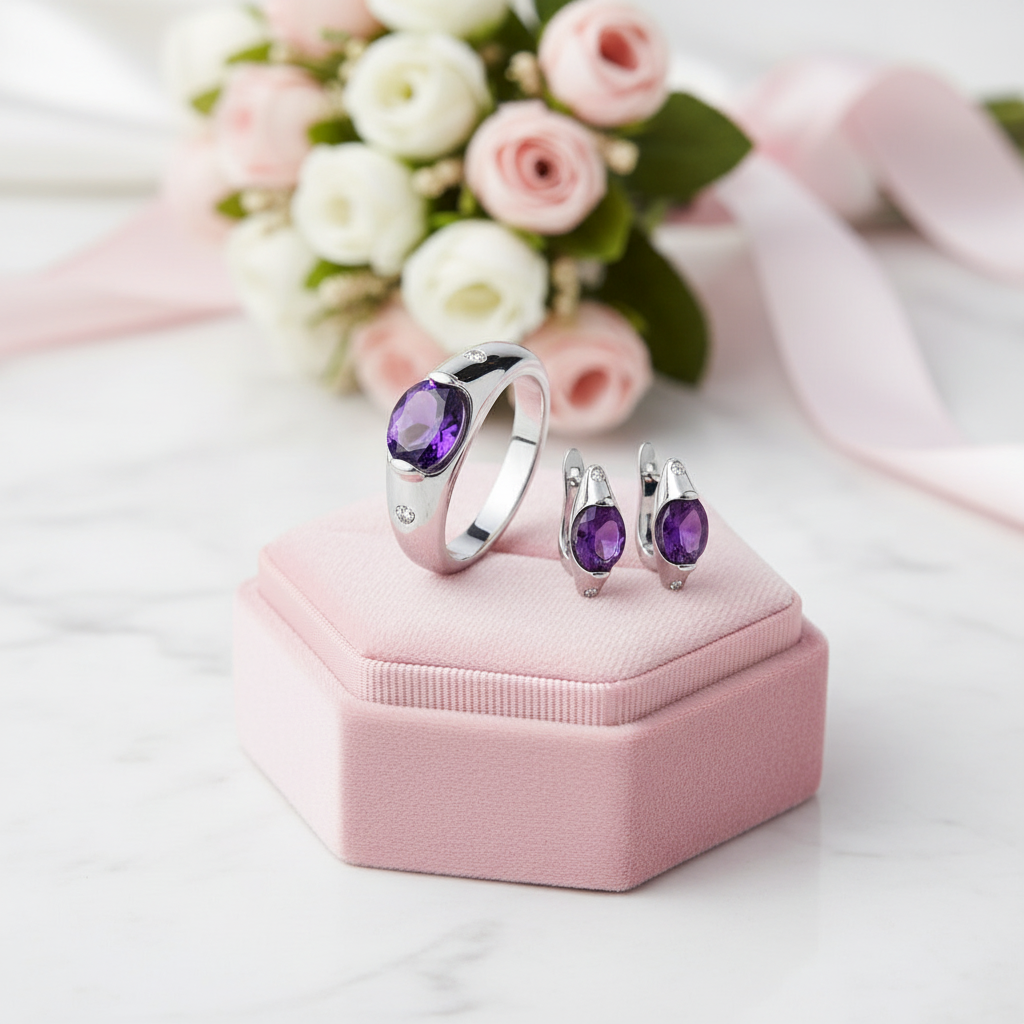 Amethyst Gemstone Ring and Earrings Jewelry Set-Black Diamonds New York
