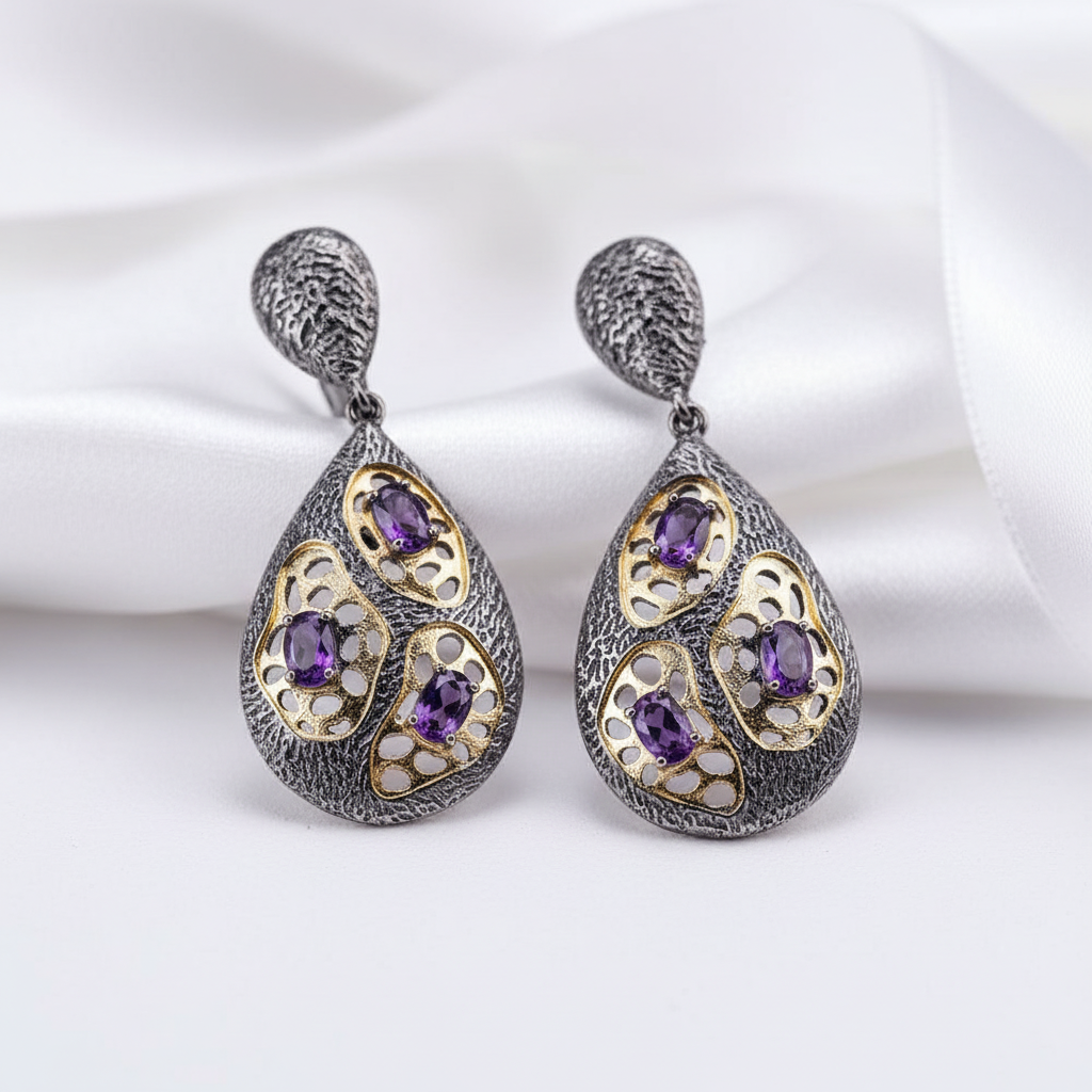 Amethyst Handmade Drop Earrings-Black Diamonds New York
