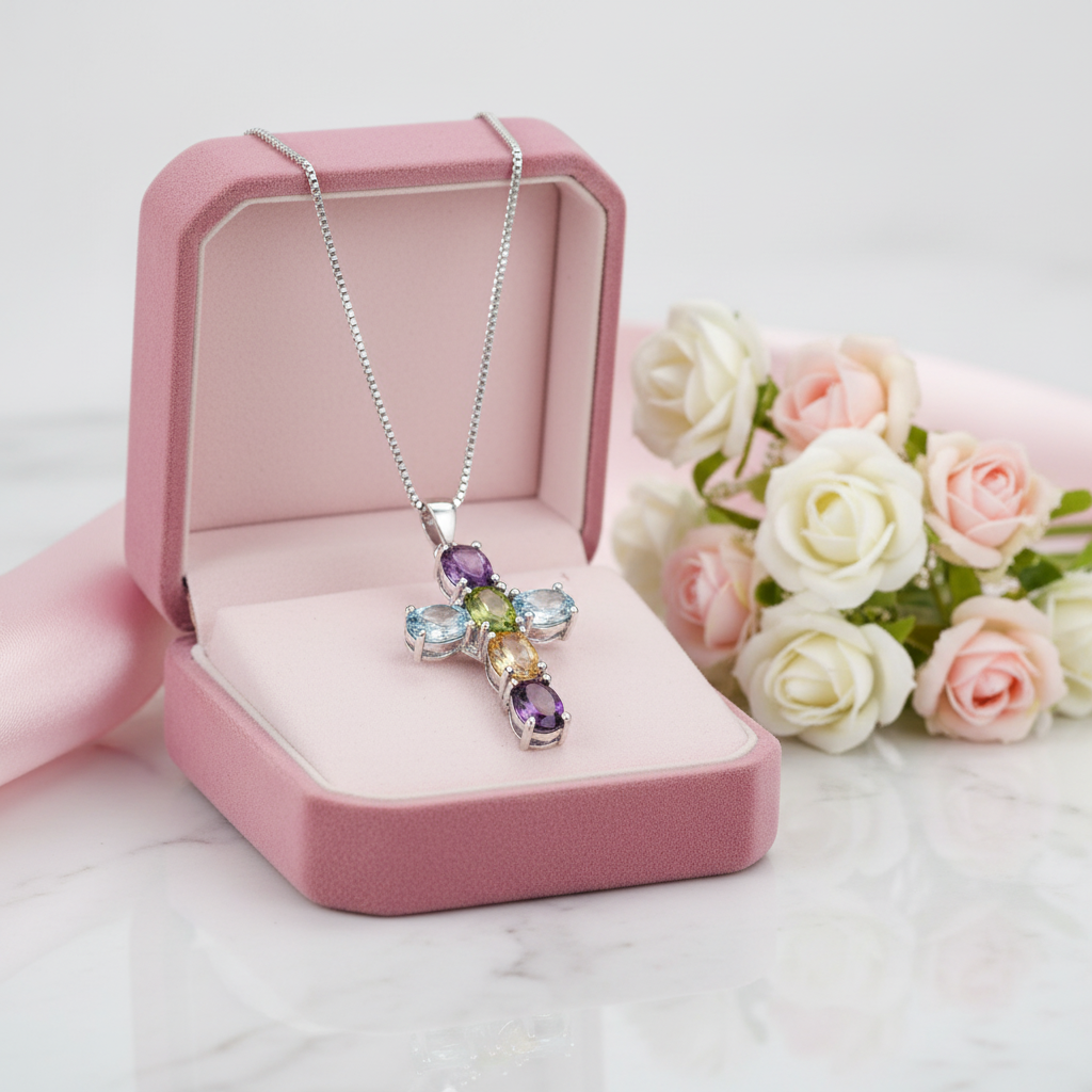 Amethyst with Topaz Gemstone Cross Necklace-Black Diamonds New York