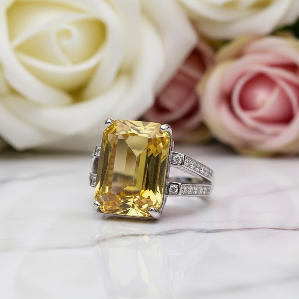 Natural Ametrine/Citrine Emerald Cut Gemstone Ring-Black Diamonds New York