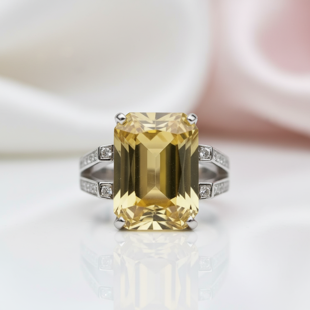 Citrine Emerald Cut Gemstone Ring-Black Diamonds New York