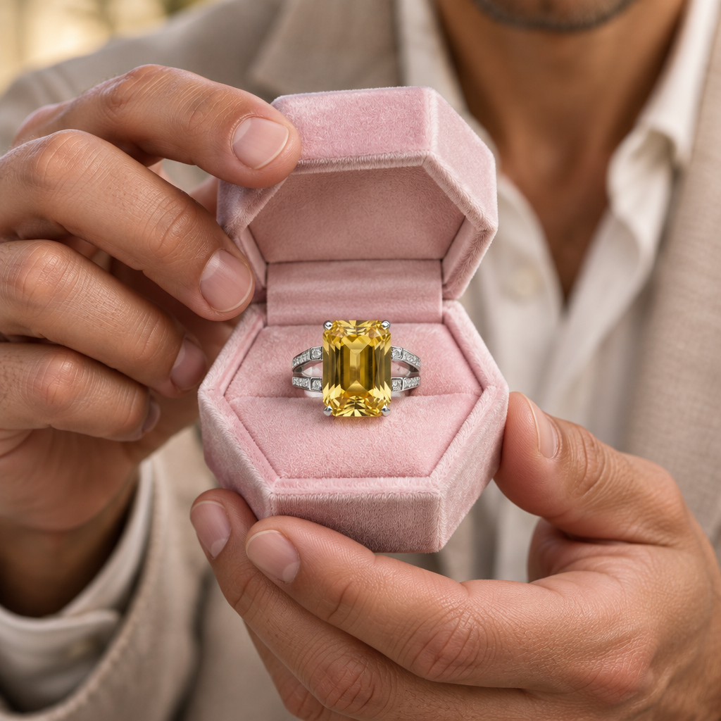 Ametrine/Citrine Emerald Cut Gemstone Ring-Black Diamonds New York