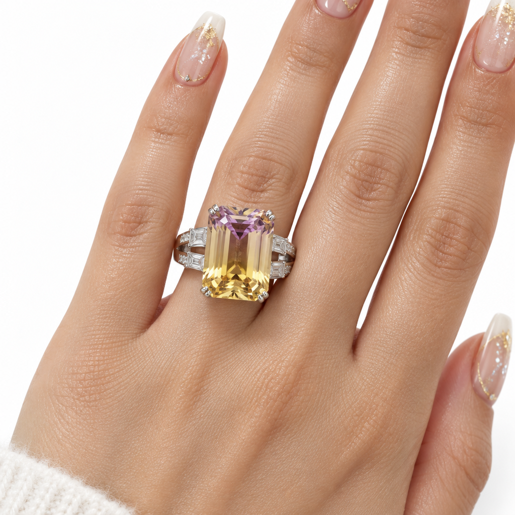 Citrine Emerald Cut Gemstone Ring-Black Diamonds New York