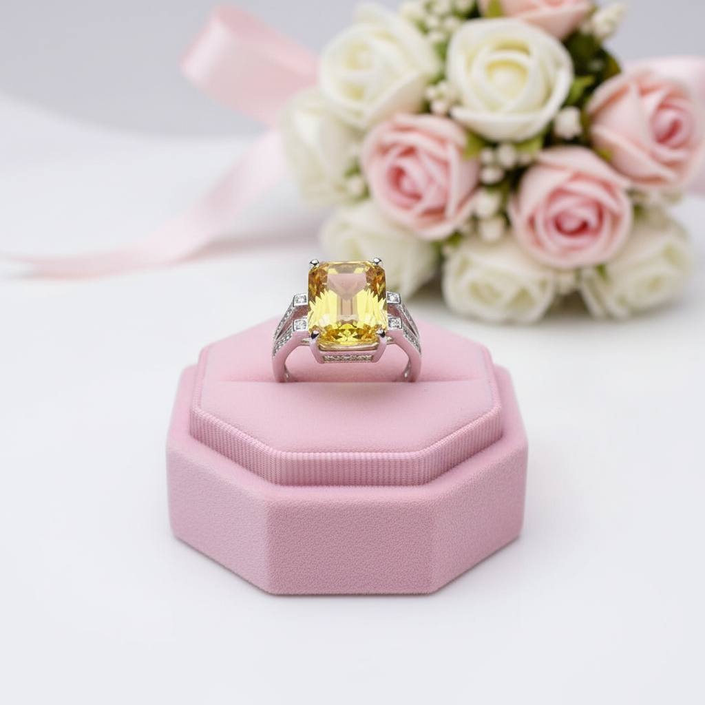 Citrine Emerald Cut Gemstone Ring-Black Diamonds New York
