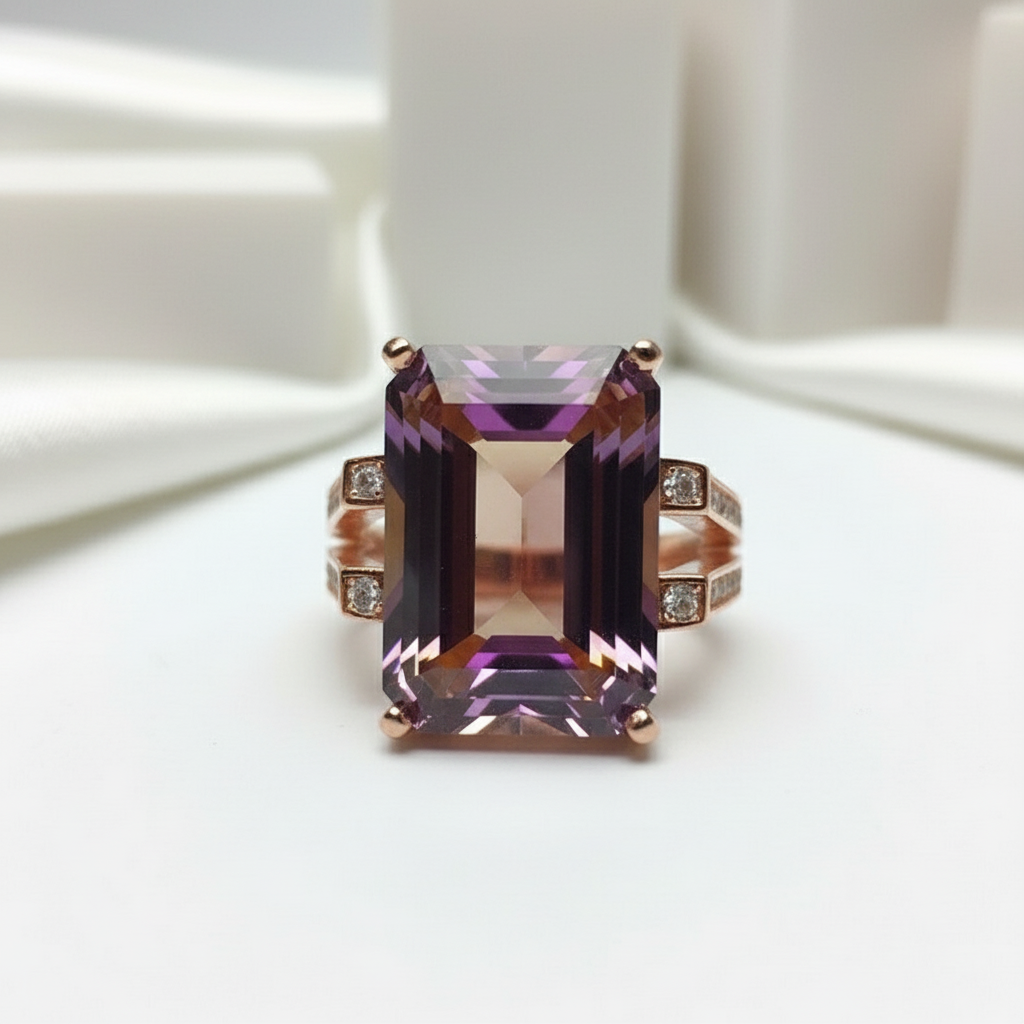 Natural Ametrine/Citrine Emerald Cut Gemstone Ring-Black Diamonds New York