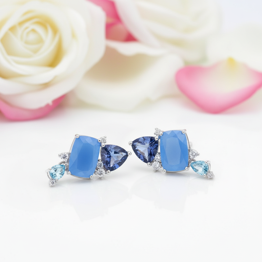 Natural Aqua Blue Calcedony Drop Earrings-Black Diamonds New York