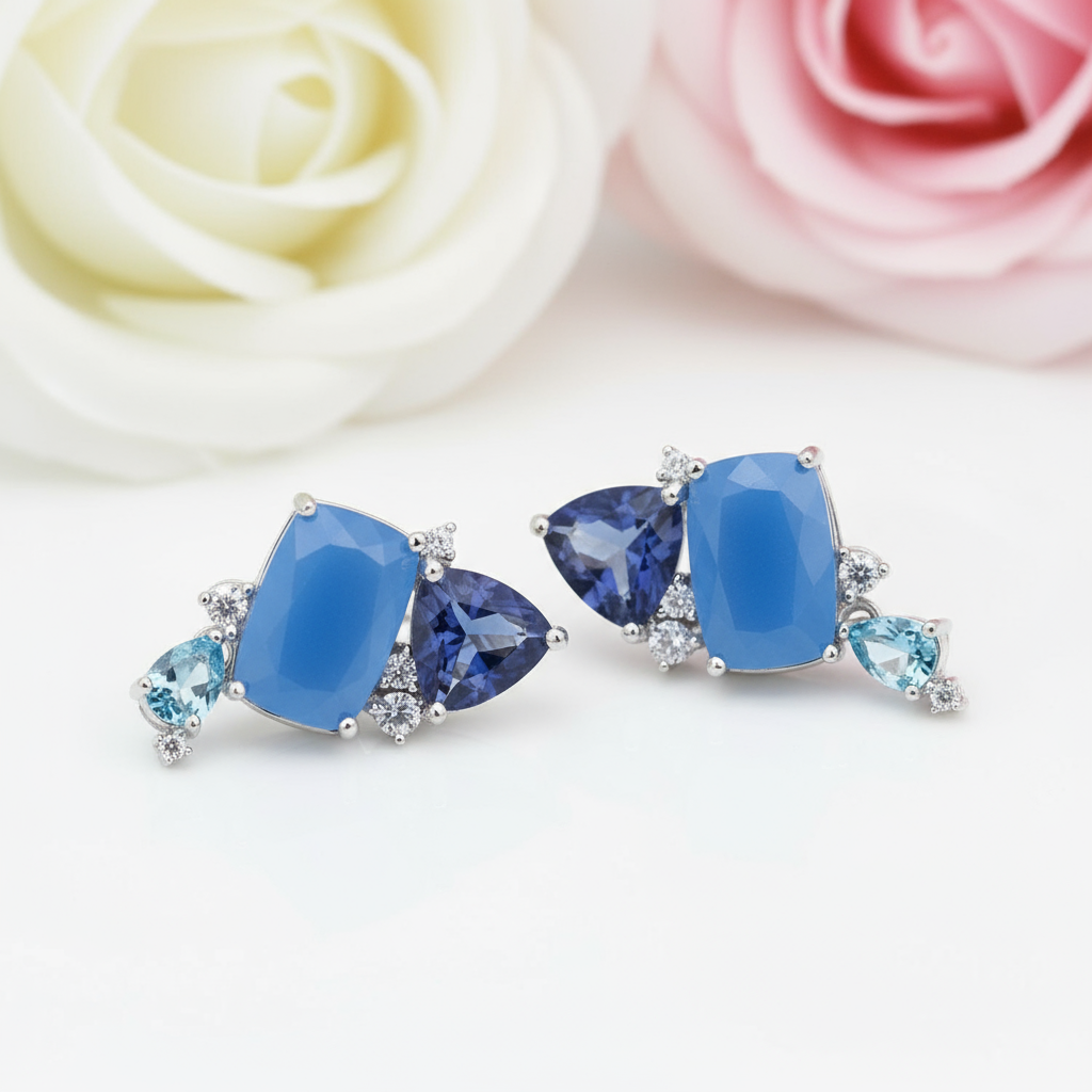 Natural Aqua Blue Calcedony Drop Earrings-Black Diamonds New York