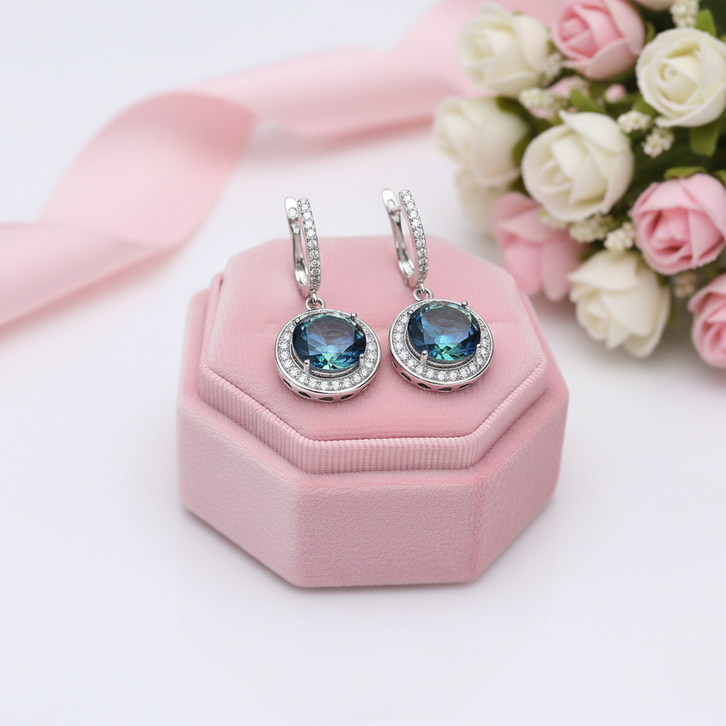 Round Cut Blue Mystic Quartz Earrings-Black Diamonds New York