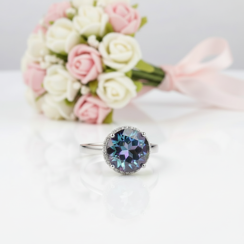 Blueish Mystic Quartz Gemstone Engagement Ring-Black Diamonds New York