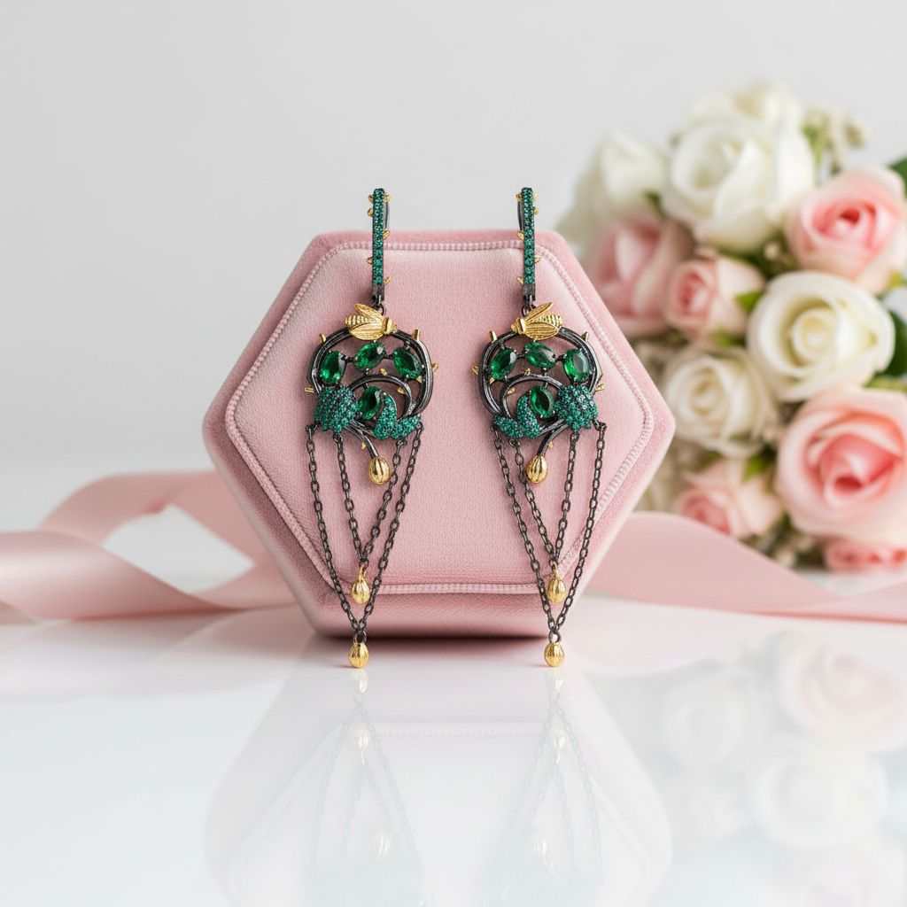 Chrome Diopside Gold Bee on Branch Earrings-Black Diamonds New York