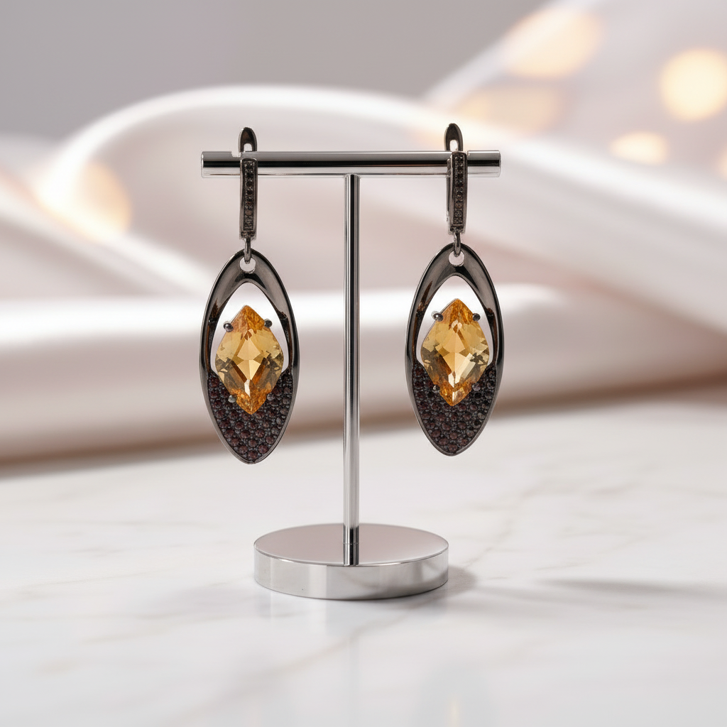 Citrine Gemstone Gothic Drop Earrings-Black Diamonds New York