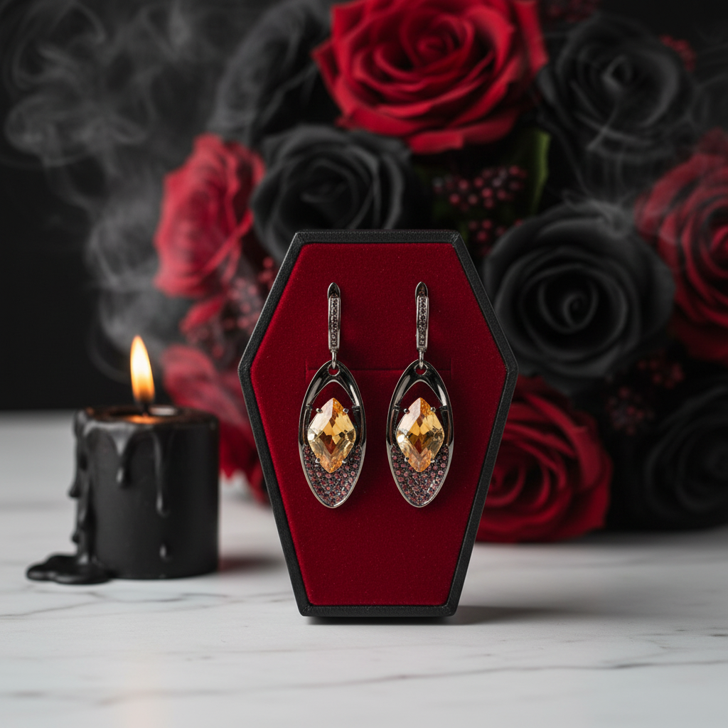 Citrine Gemstone Gothic Drop Earrings-Black Diamonds New York