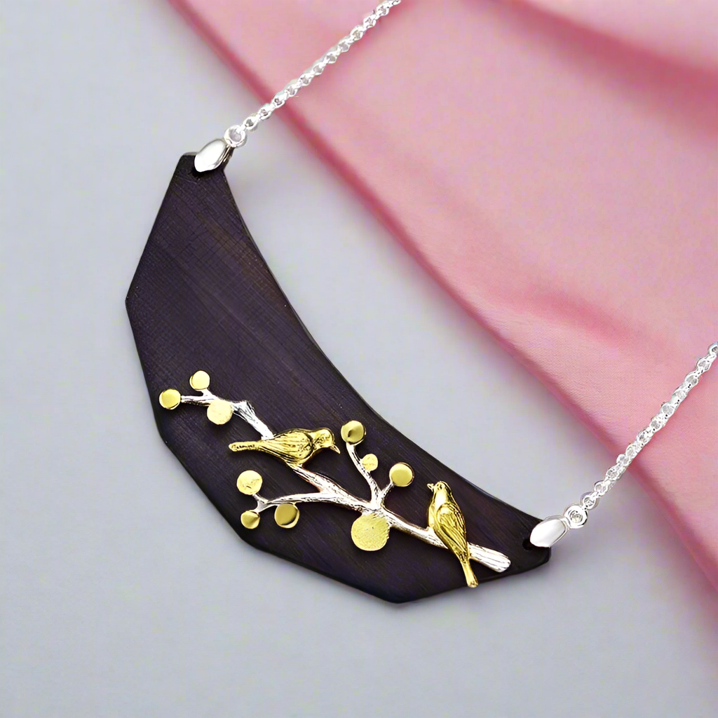 Natural Ebony Vintage Lovely Birds Necklace-Black Diamonds New York