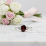 Exquisite Garnet Simulant Oval Shape Red Gemstone Ring-Black Diamonds New York