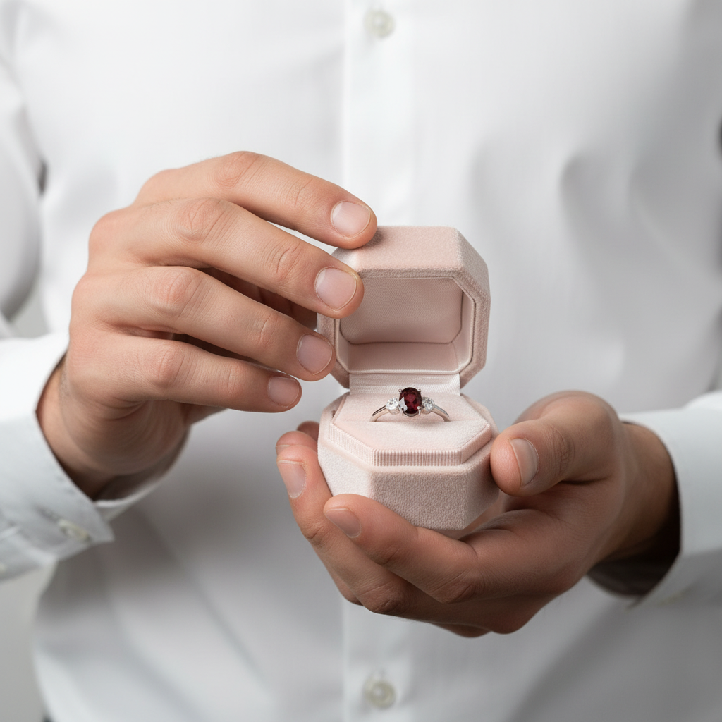 Exquisite Garnet Simulant Oval Shape Red Gemstone Ring-Black Diamonds New York