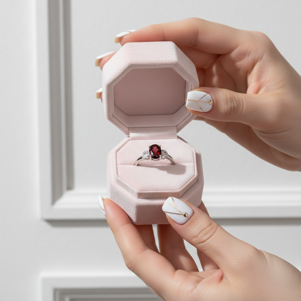 Exquisite Garnet Simulant Oval Shape Red Gemstone Ring-Black Diamonds New York