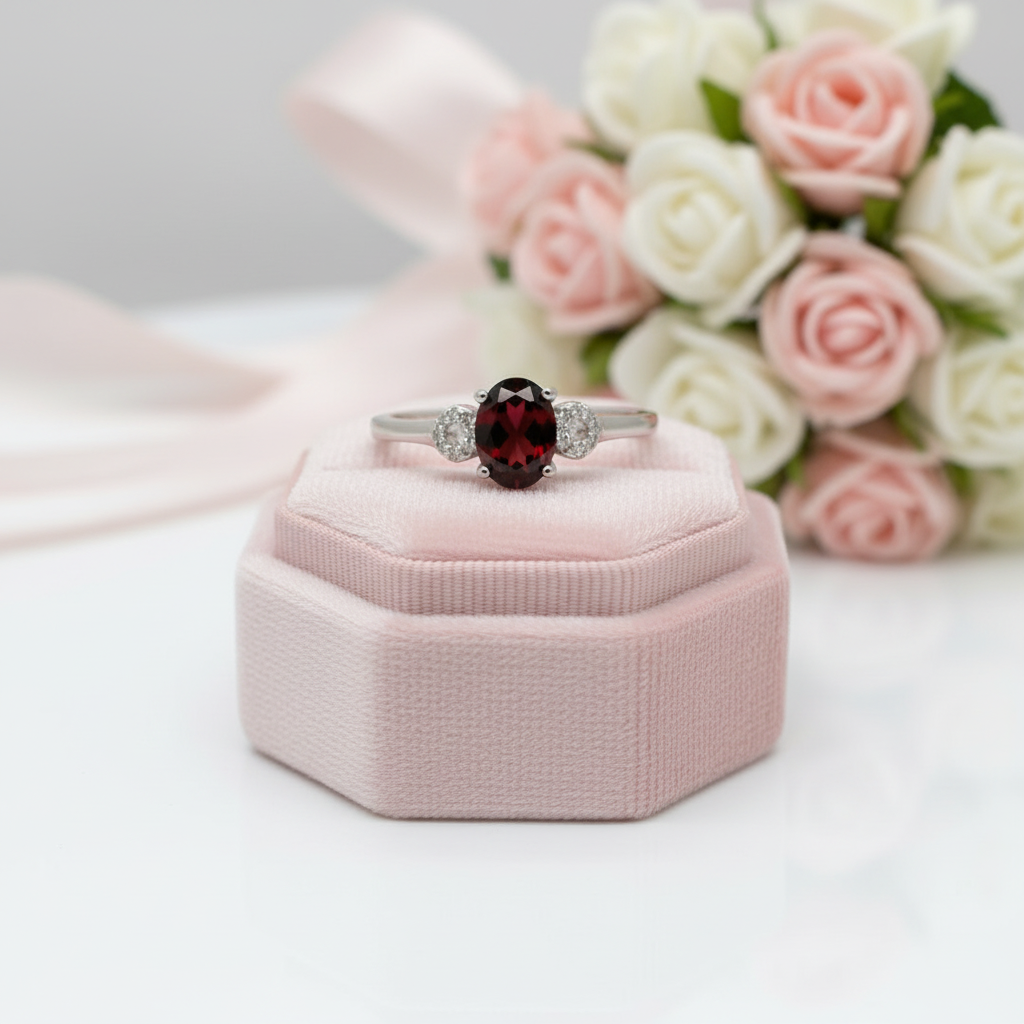 Exquisite Garnet Simulant Oval Shape Red Gemstone Ring-Black Diamonds New York