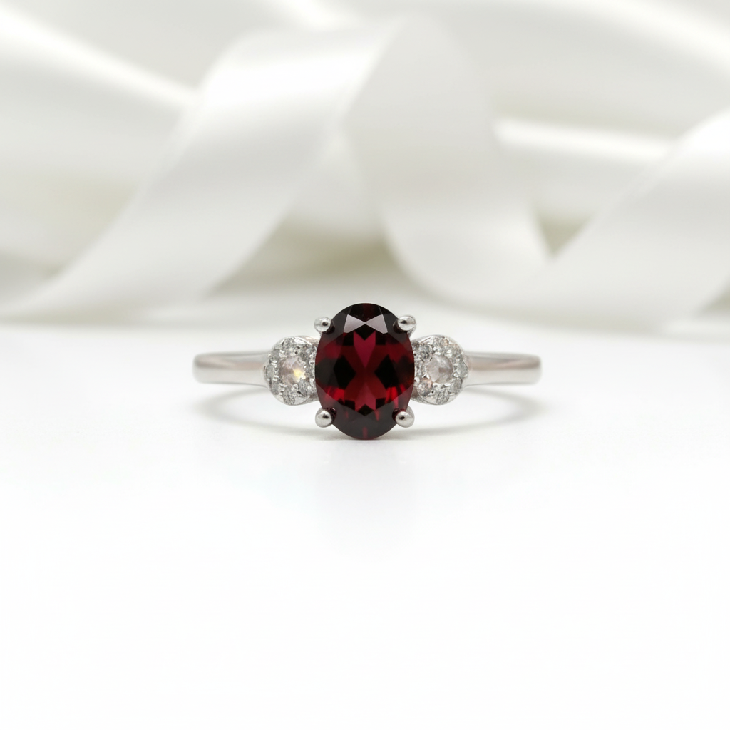 Exquisite Garnet Simulant Oval Shape Red Gemstone Ring-Black Diamonds New York