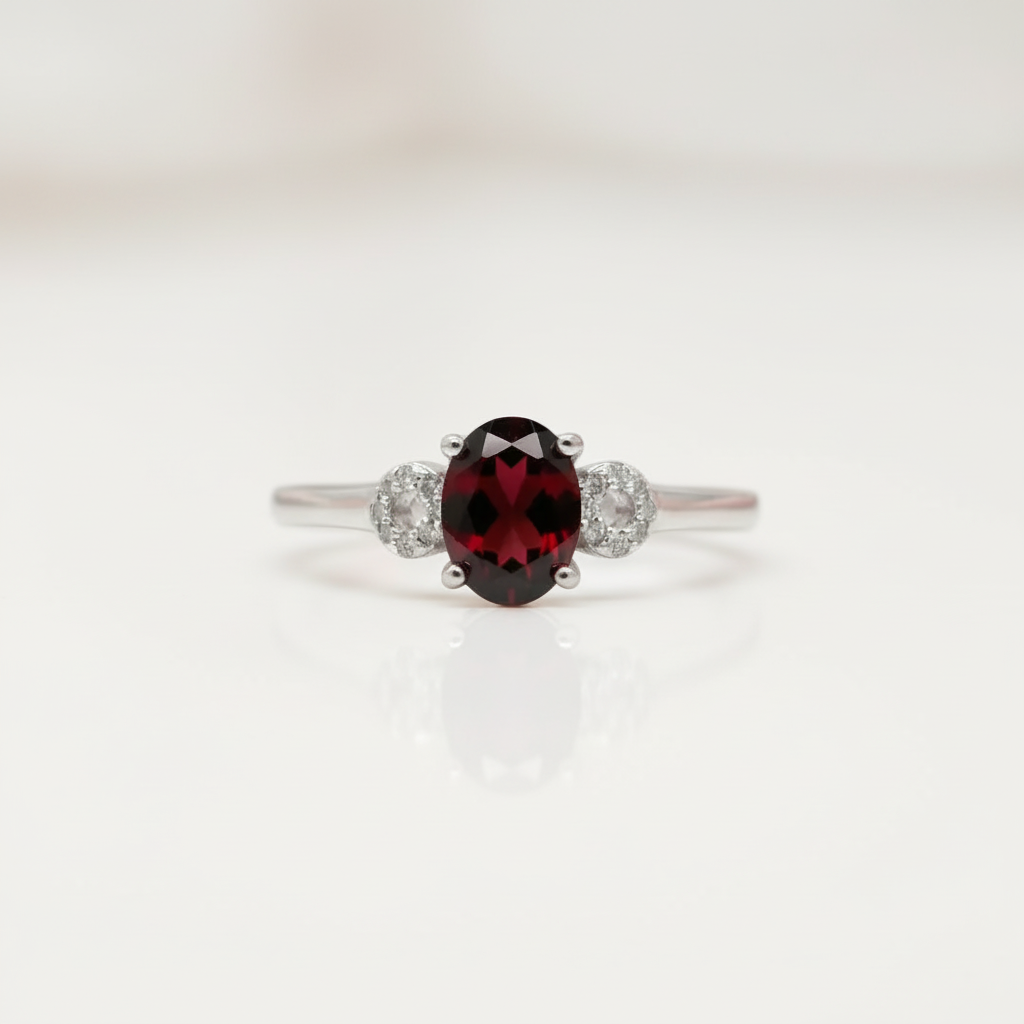 Exquisite Garnet Simulant Oval Shape Red Gemstone Ring-Black Diamonds New York