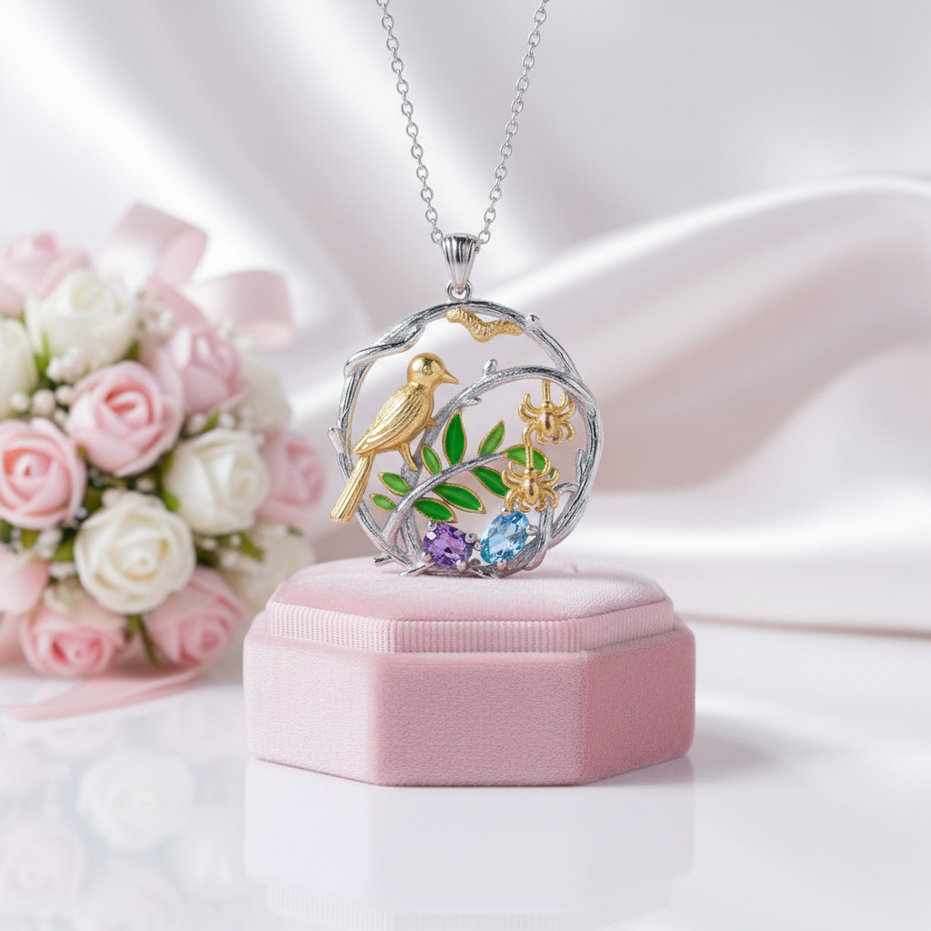 Bird on a Branch Necklace with Mixed Gemstone-Black Diamonds New York