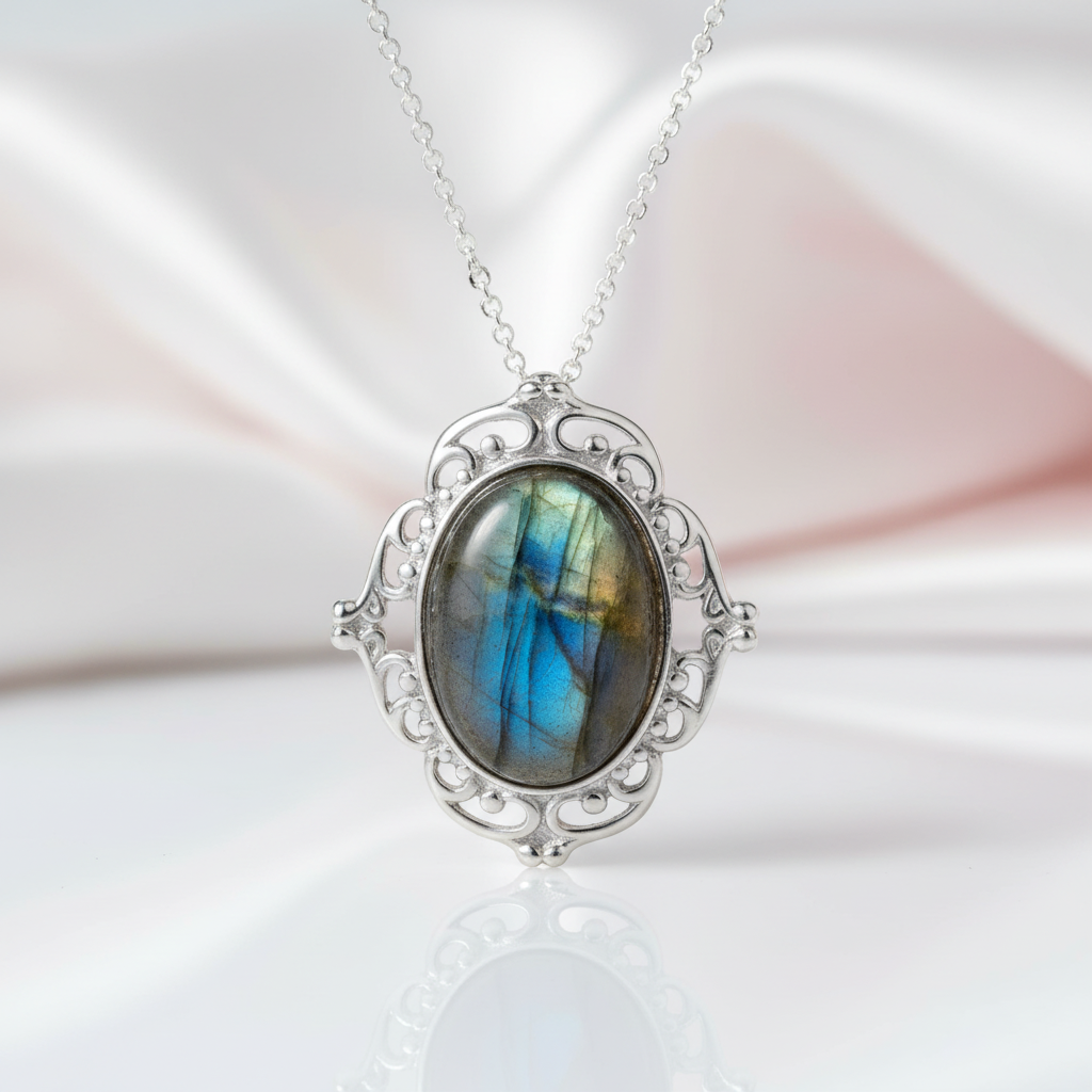 Silver pendant with a colorful gemstone on a soft white background