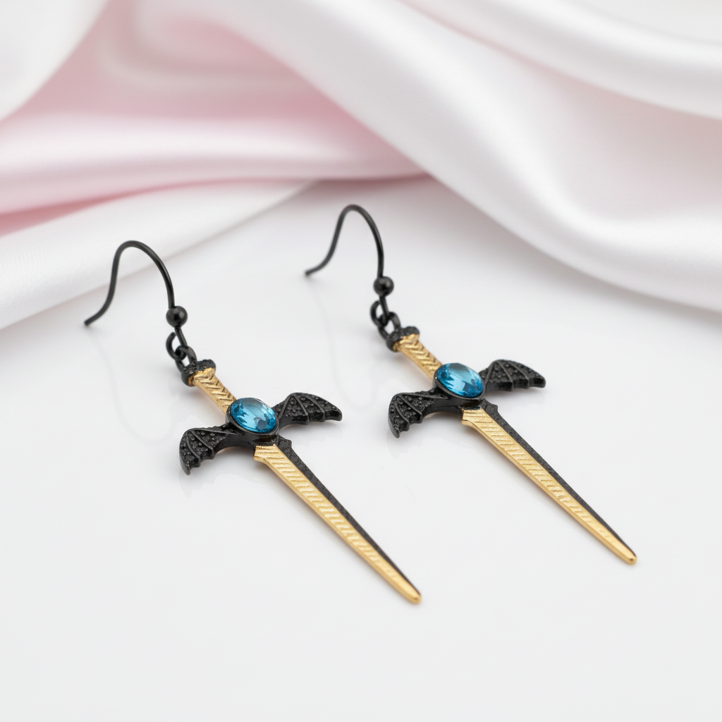 London Blue Topaz Bat's Wings Sword Earrings-Black Diamonds New York