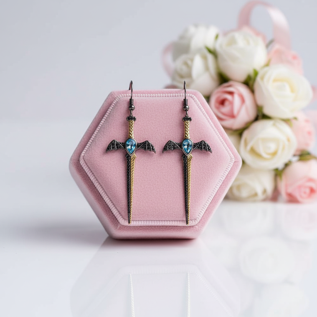 London Blue Topaz Bat's Wings Sword Earrings-Black Diamonds New York