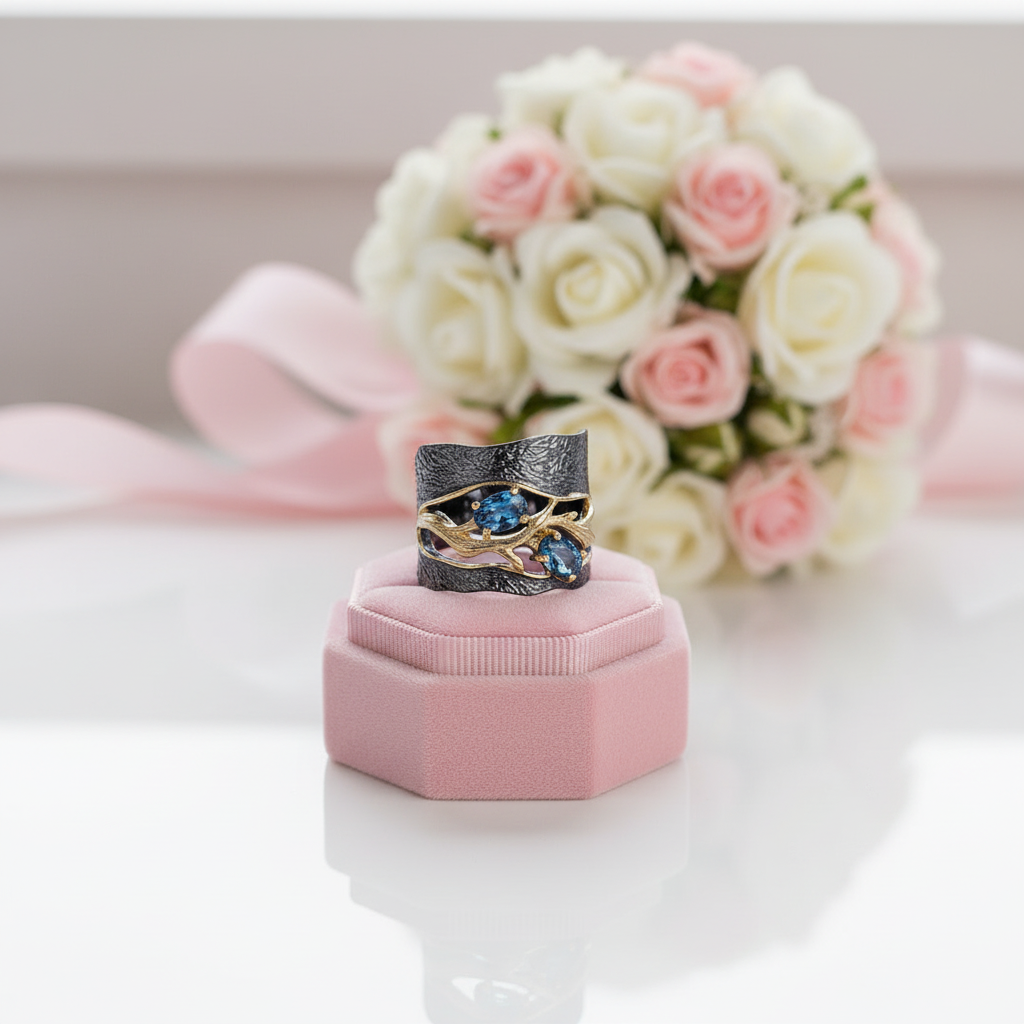 London Blue Topaz Gemstone Ring-Black Diamonds New York