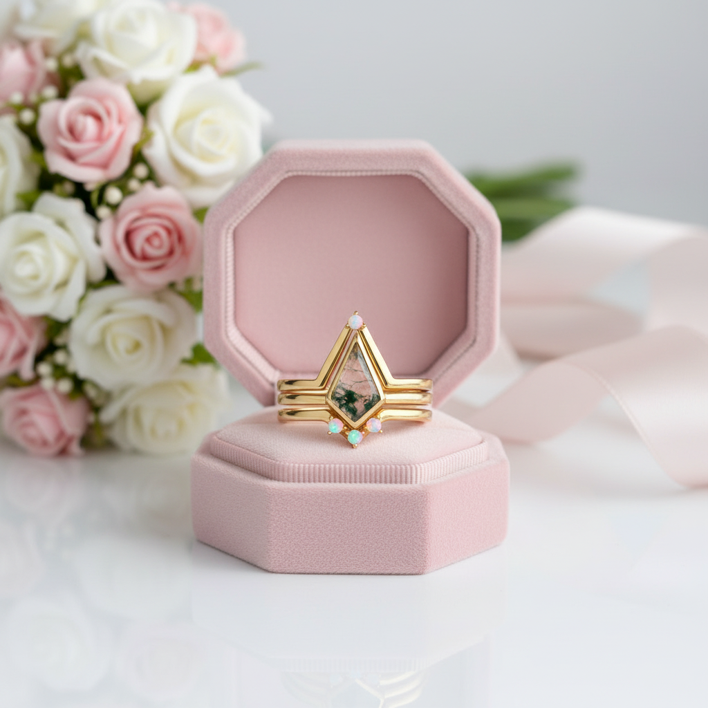 Natural Moss Agate Irregular Kit-cut Yellow Gold Wedding Ring-Black Diamonds New York