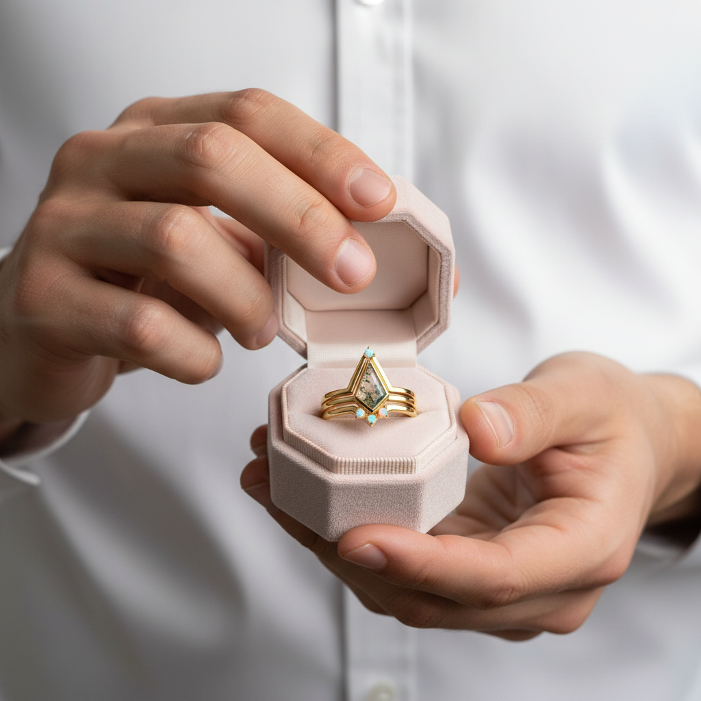 Natural Moss Agate Irregular Kit-cut Yellow Gold Wedding Ring-Black Diamonds New York