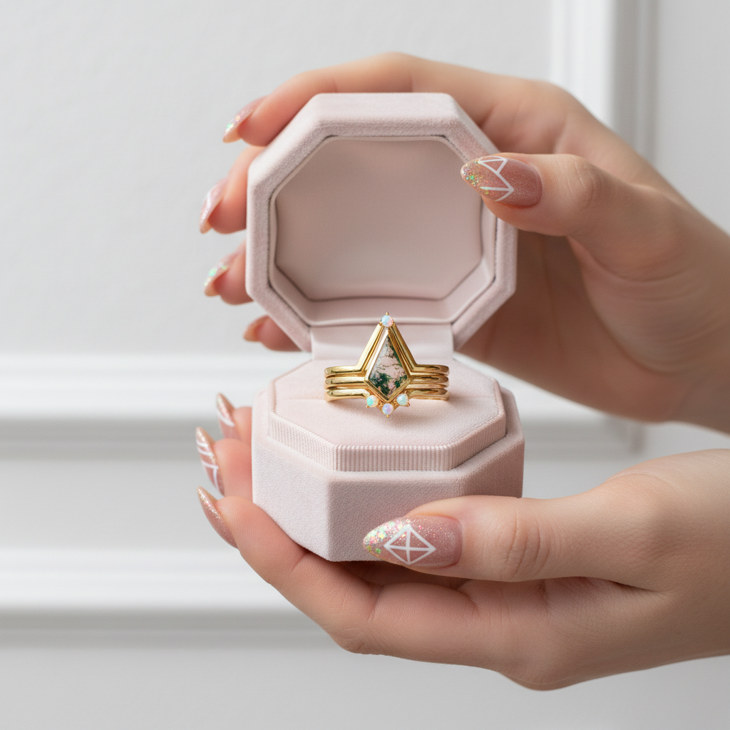 Natural Moss Agate Irregular Kit-cut Yellow Gold Wedding Ring-Black Diamonds New York