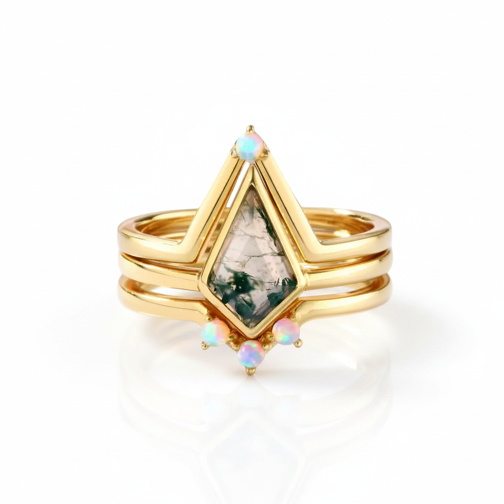 Natural Moss Agate Irregular Kit-cut Yellow Gold Wedding Ring-Black Diamonds New York
