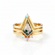Natural Moss Agate Irregular Kit-cut Yellow Gold Wedding Ring-Black Diamonds New York