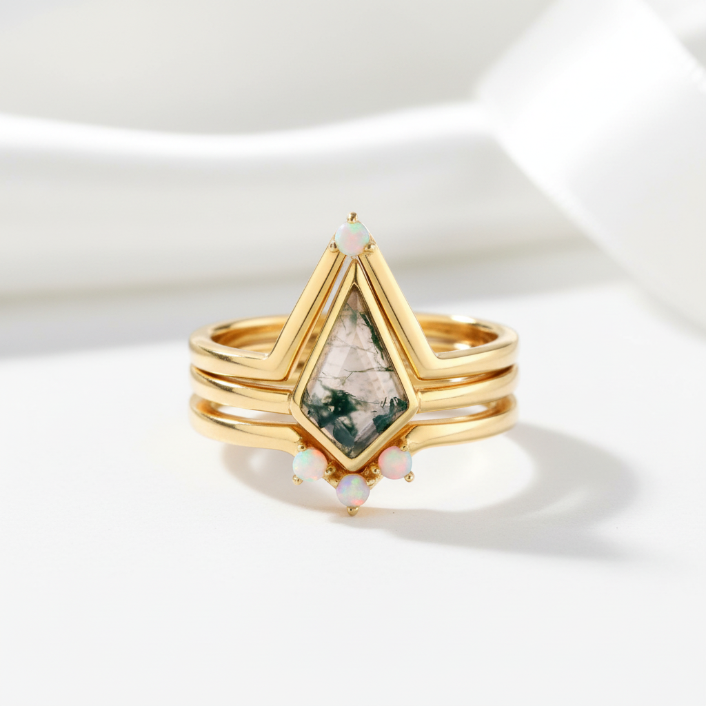 Natural Moss Agate Irregular Kit-cut Yellow Gold Wedding Ring-Black Diamonds New York