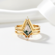 Natural Moss Agate Irregular Kit-cut Yellow Gold Wedding Ring-Black Diamonds New York