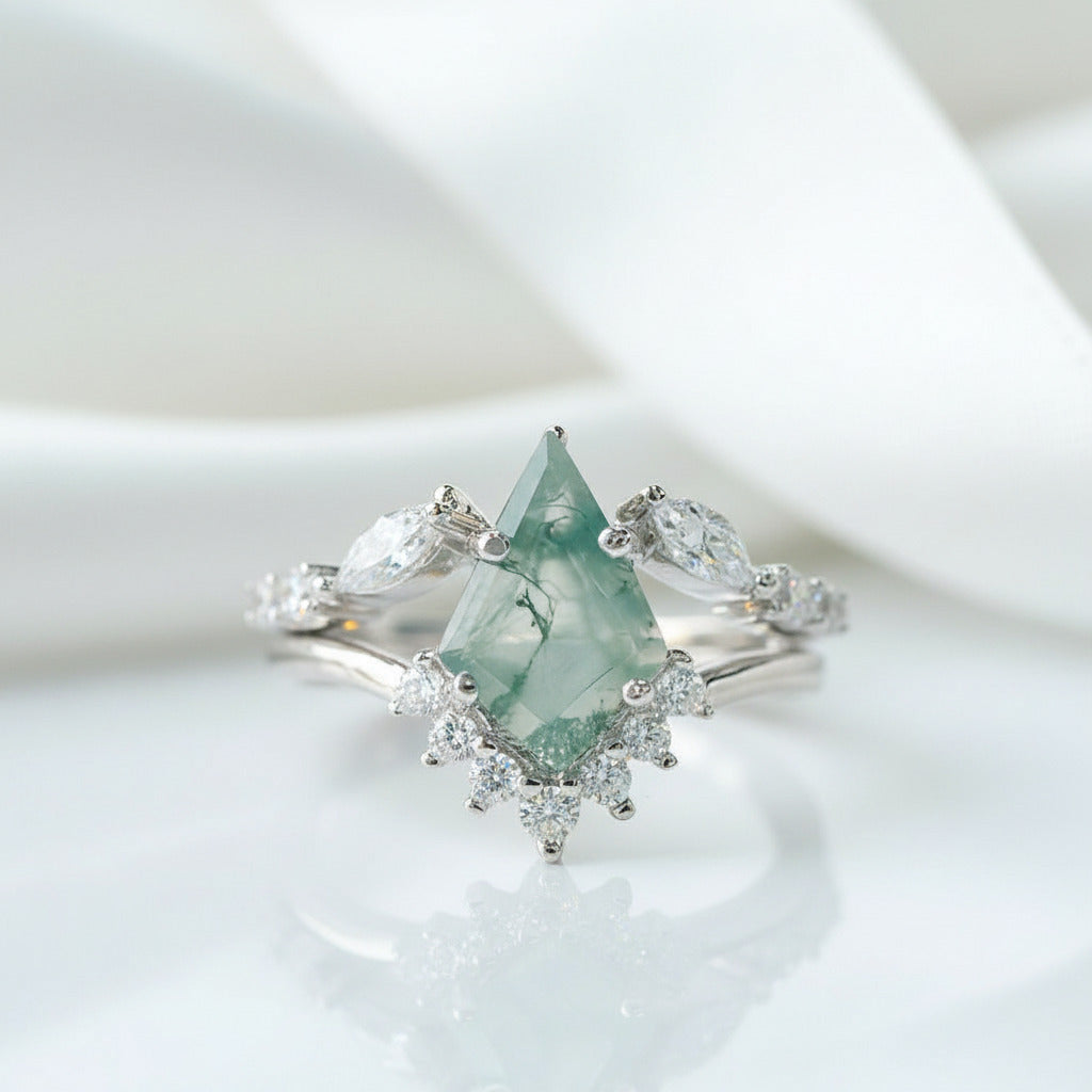 Moss Agate Rhombus Shape Engagement Ring-Black Diamonds New York