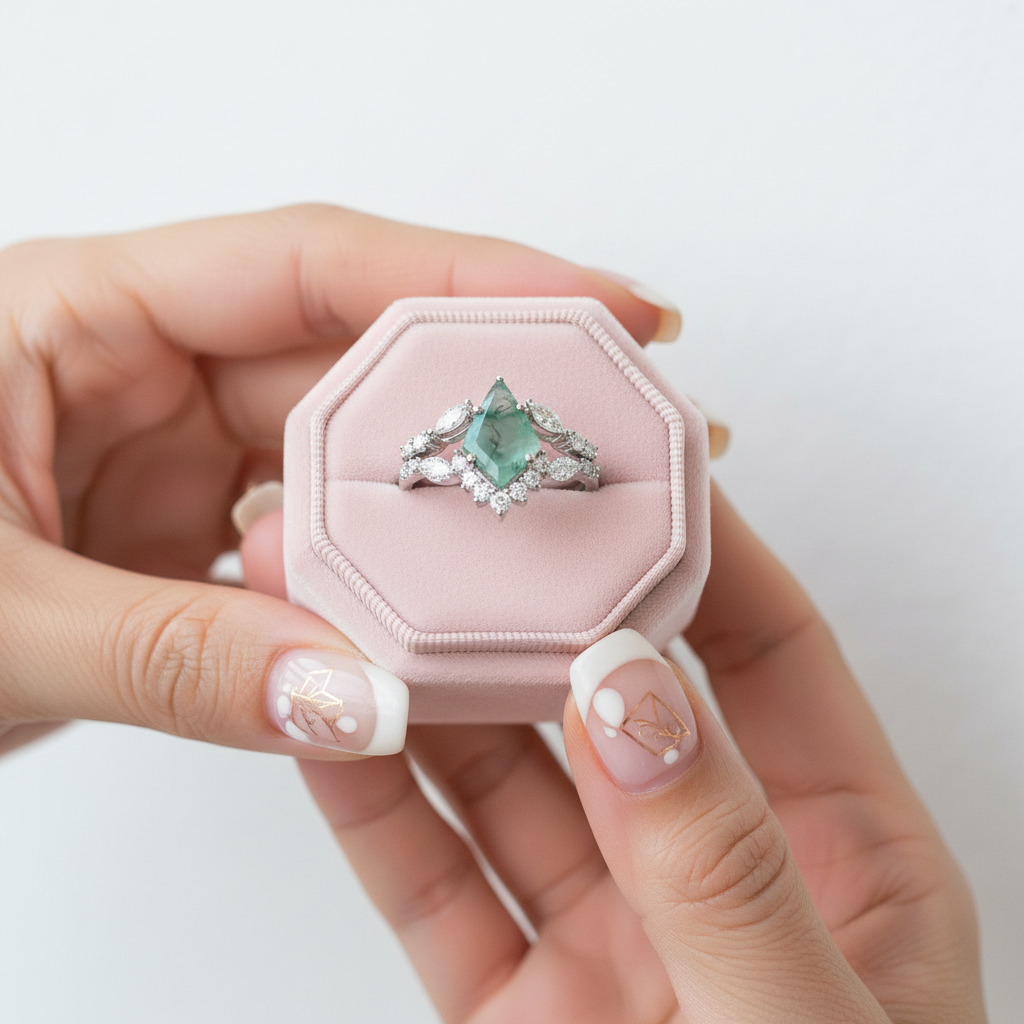 Natural Moss Agate Rhombus Shape Engagement Ring-Black Diamonds New York