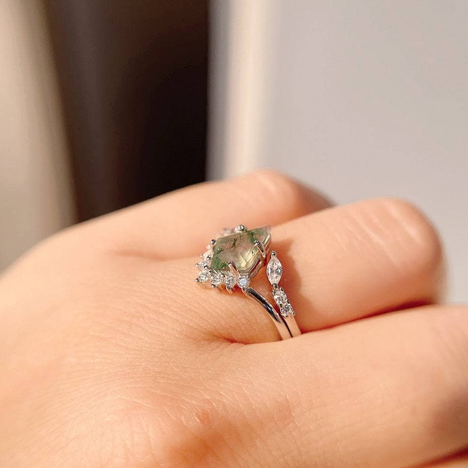 Flash Sale- Natural Moss Agate Rhombus Shape Engagement Ring-Black Diamonds New York