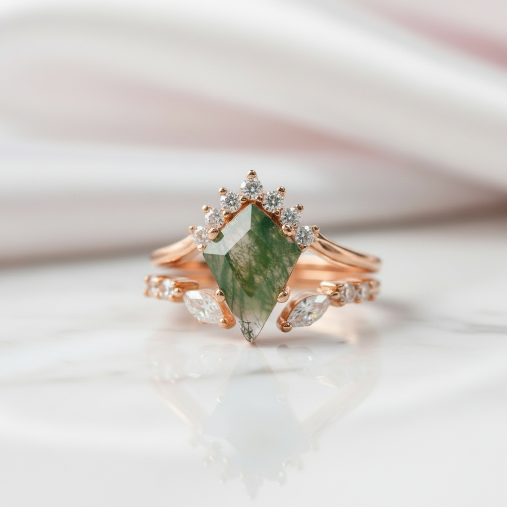 Natural Moss Agate Rhombus Shape Engagement Ring-Black Diamonds New York