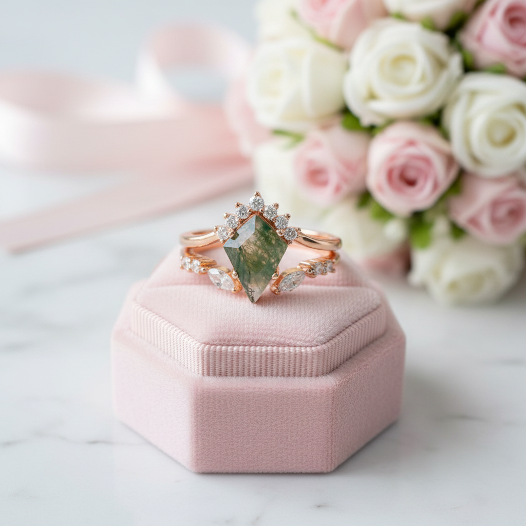 Natural Moss Agate Rhombus Shape Engagement Ring-Black Diamonds New York