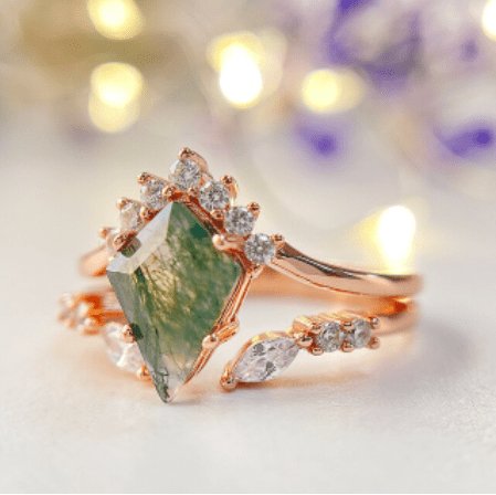 VIP Custom Dream Ring- Natural Moss Agate Rhombus Shape Engagement Ring-Black Diamonds New York