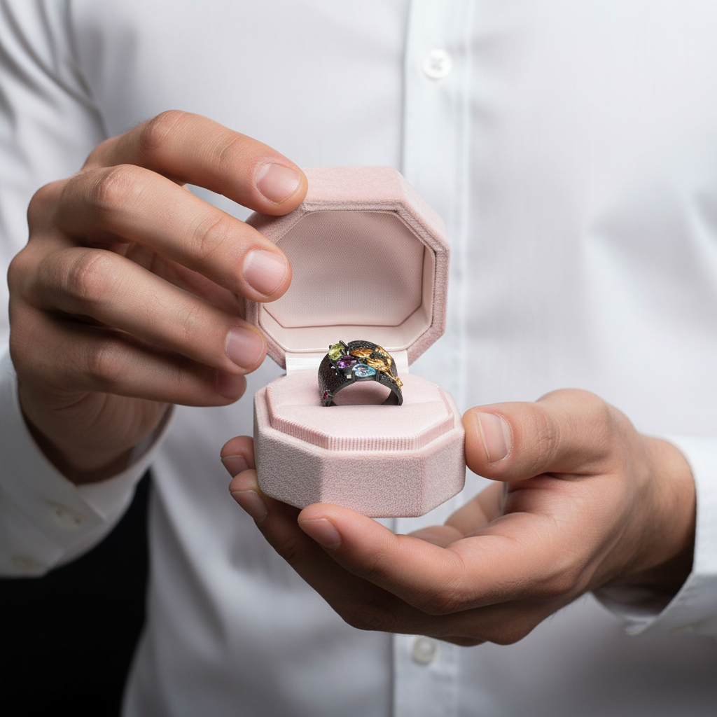 Multicolor Gemstones Handmade Humming Bee Flower Ring-Black Diamonds New York