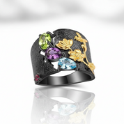 Multicolor Gemstones Handmade Humming Bee Flower Ring-Black Diamonds New York