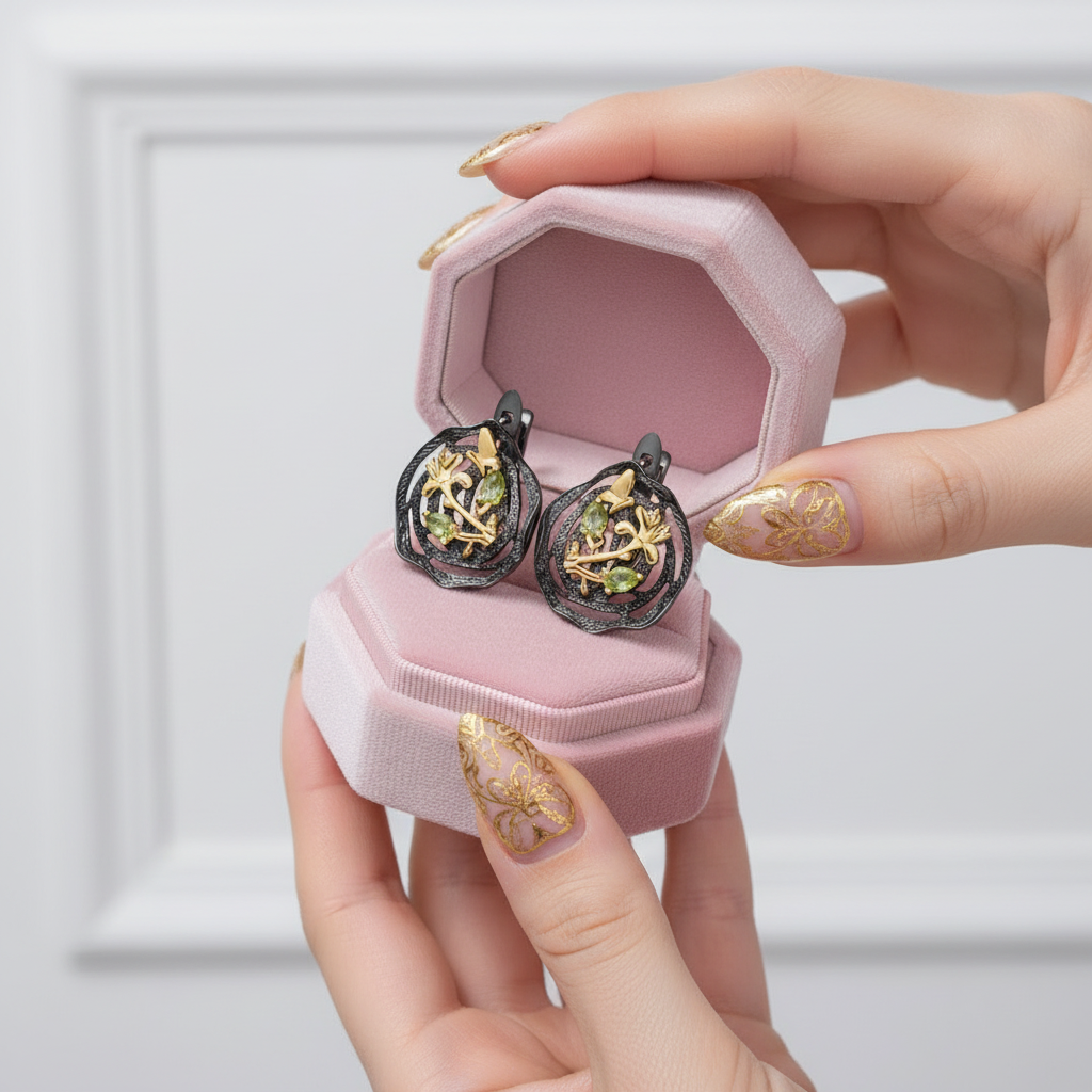 Hand holding a pink jewelry box with decorative earrings inside against a light background
