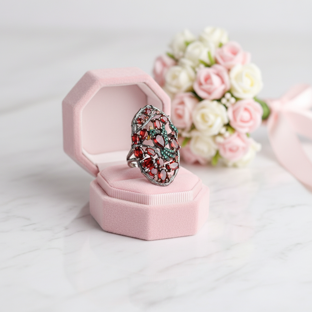 Red Garnet Flower Buds Bird Rings-Black Diamonds New York