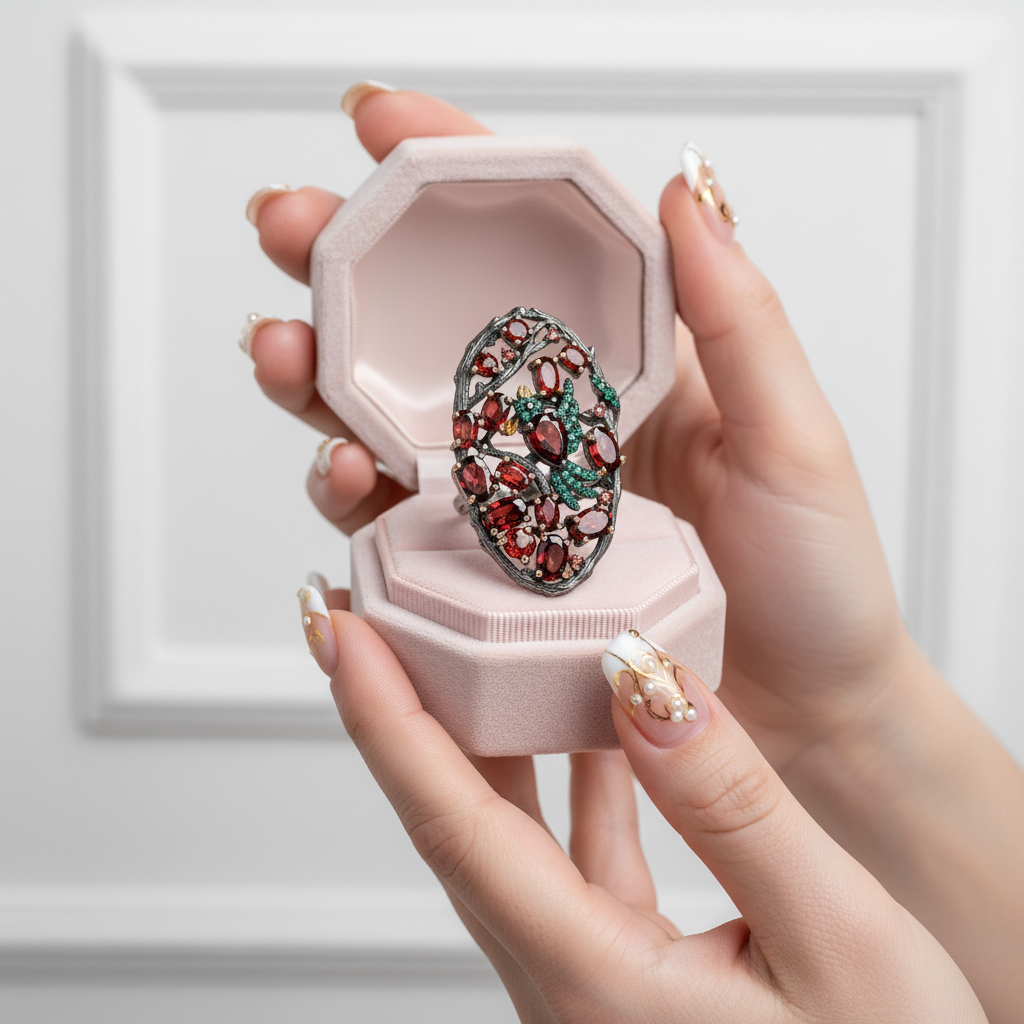 Red Garnet Flower Buds Bird Rings-Black Diamonds New York