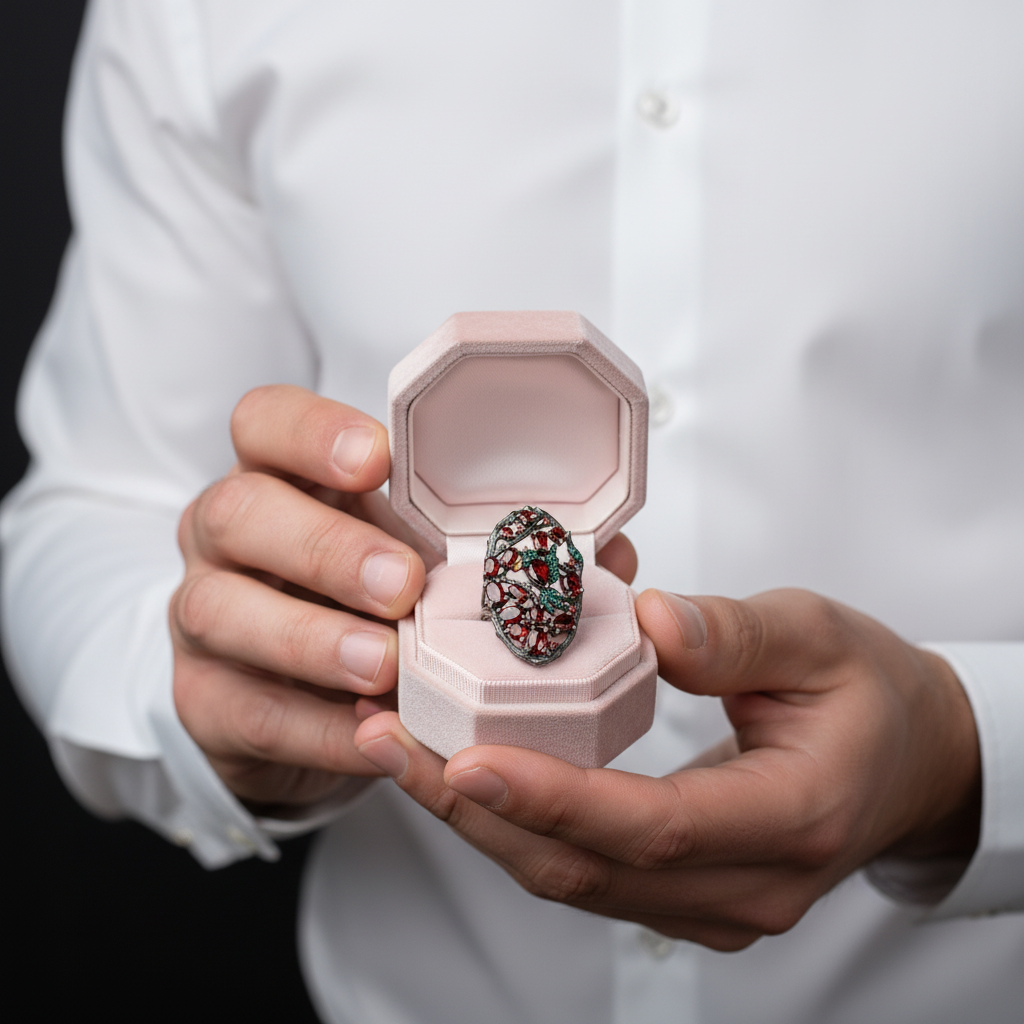 Red Garnet Flower Buds Bird Rings-Black Diamonds New York